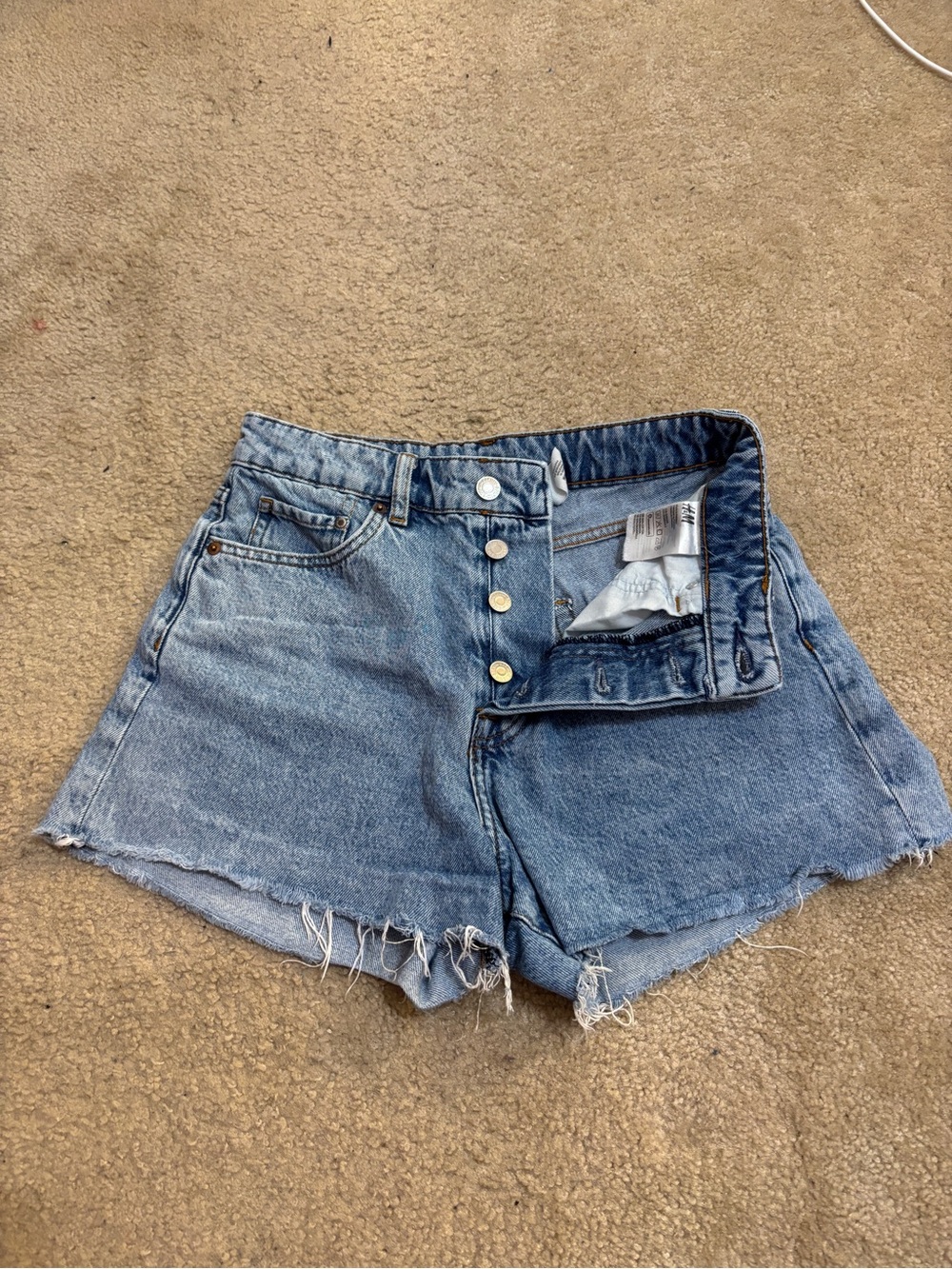 H&M Light Blue High Waisted Button-Fly Distressed Denim Shorts